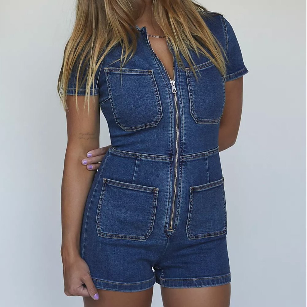 Free People CRVY Lennox Shortsuit - Denim Romper NWOT - Size 4